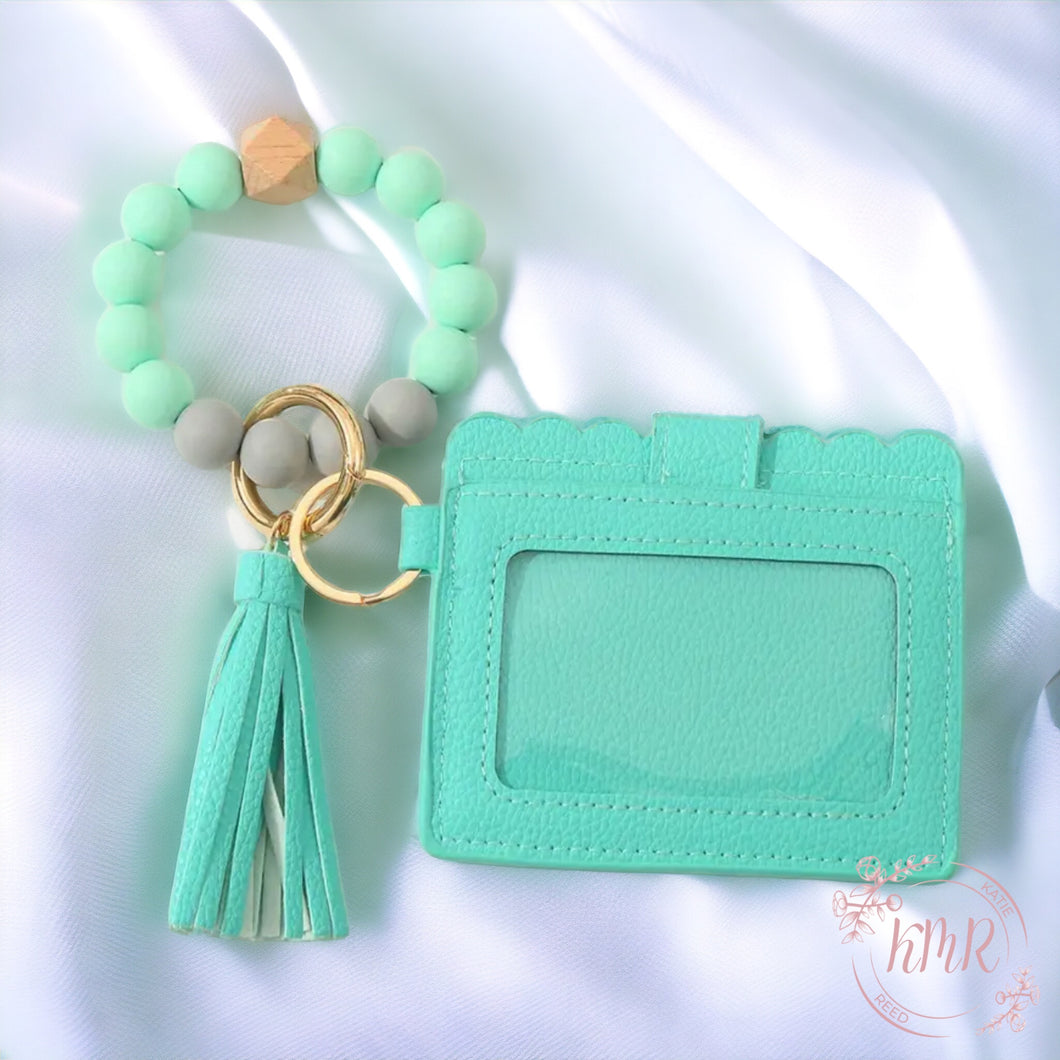 Silicone & Wooden Beaded Wallet Card Holder Bracelet Keychain