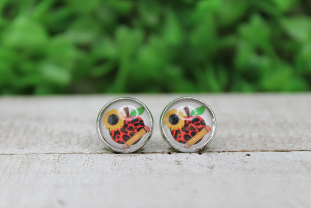 Red Leopard Apple w/ Sunflower & Pencil Earrings