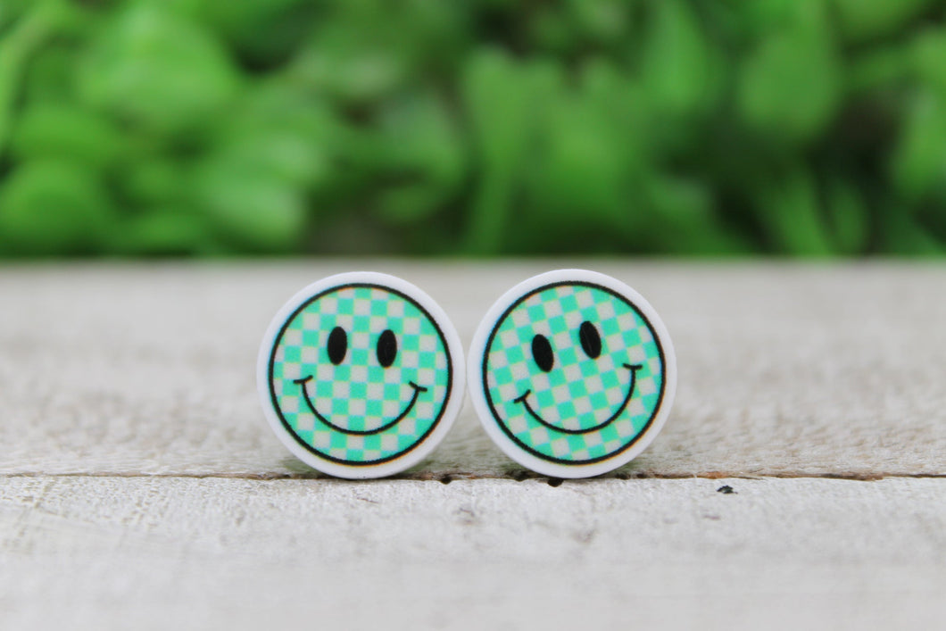 Green Checkered Smiley Earrings