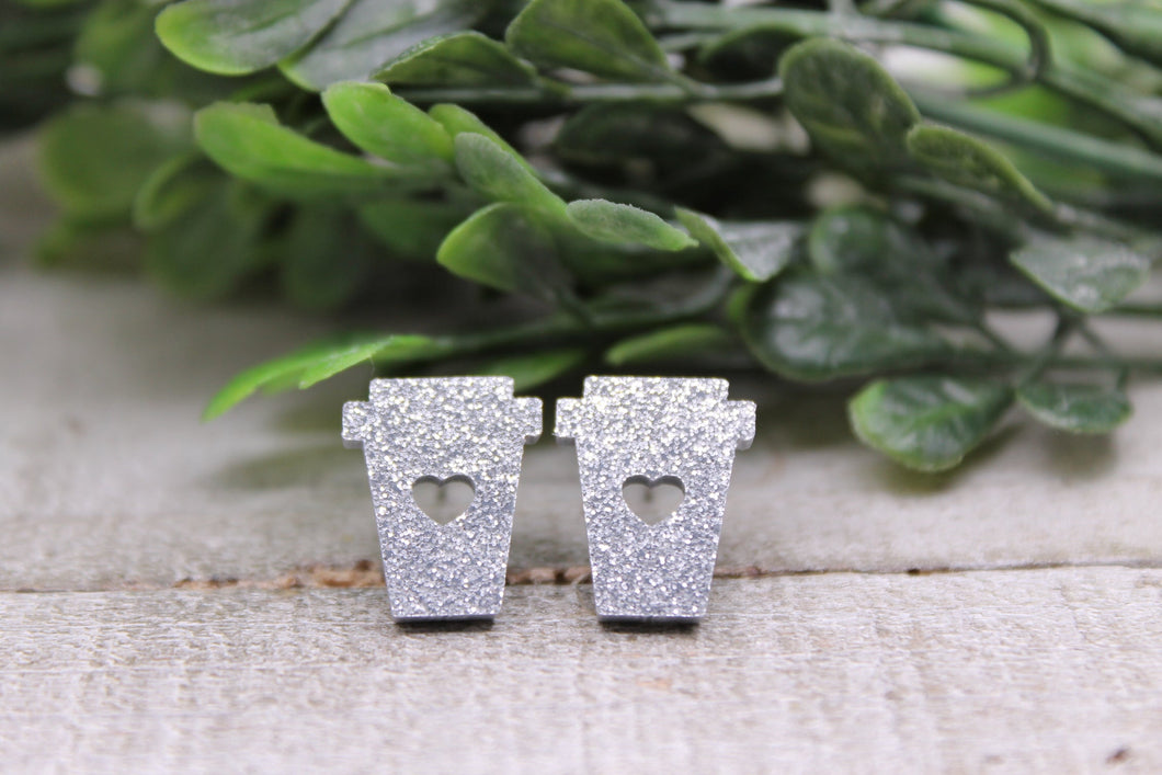 Silver Glitter Coffee Cup with Heart Earrings